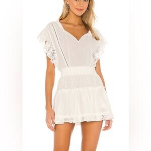 MISA Los Angeles Sarika White Eyelet Smocked Mini Dress Flutter Sleeve Size S